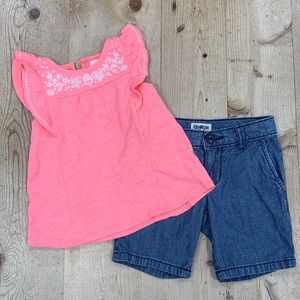 Osh Kosh B’Gosh 2 Piece Set- Girls 2T- Coral Shirt & Denim Shorts Summer Toddler